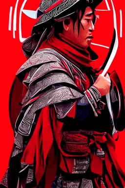 Samurai warrior centered | symmetrical | key visual | intricate | highly detailed | iconic | precise lineart | vibrant | comprehensive cinematic | alphonse mucha style illustration | very high resolution | sharp focus | poster | no watermarks red and silver color full body