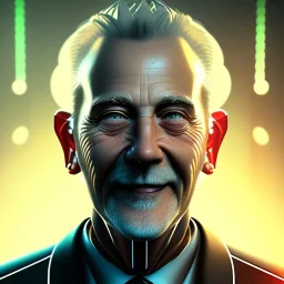 cyberpunk head portrait, old guy, happy face, smiling