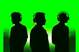 Silhouette of three men people wearing headphones, green background