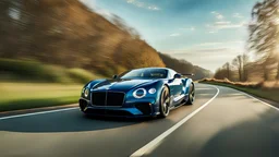 A sleek with livery (((luxury hypercar bentley))), its contours and details perfectly captured in a (((cinematic view))), zipping along a winding road under a beautiful blue fresh morning sky, rear view