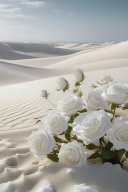 All white textured white transparent roses plant , in a white desert sands