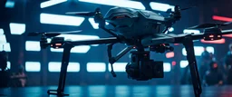 Cocola Brand Military Drones, cinematic, Fuji Film, Anamorphic lens, 2040s, deep depth of field, in a Cyber punk WW3 film