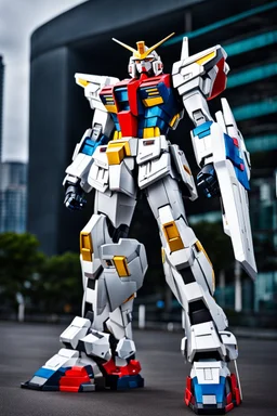 Full body Photography A picture cyber mechines Giant Gundam,with surface coated chrome polished details, city background