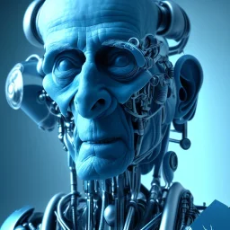 A beautiful portrait of an old cyborg man blue color scheme, high key lighting, volumetric light high details psychedelic background