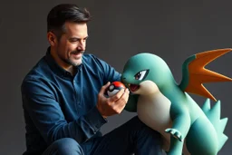 Create a hyper-realistic editorial portrait of a man (same face, hairstyle, and expression as the reference). He is in a natural pose - sitting, standing, or kneeling - with his face towards camera clearly visible, lovingly interacting with a large [POKEMON NAME] scaled equal to or larger than him. The man holds a Pokéball in one hand engage creature playfully.
