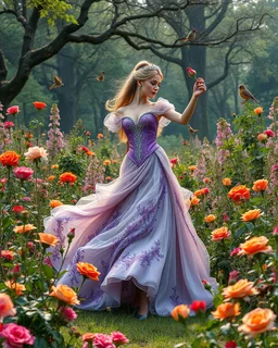 Beautiful Princess dancing in Wild garden, flower beds, fractal ornamentation, over detailed, gloriously full and confusing, nothing that really exists, everything made up, fantasy world, sweet briar, photography graphic art, song birds, ochre rose, rose buds, dewy morning, forest of oaks,