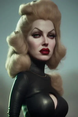 Lana Turner as evil queen in black leather, leather, busty, cleavage, angry, stern look. character design by cory loftis, fenghua zhong, ryohei hase, ismail inceoglu and ruan jia. unreal engine 5, artistic lighting, highly detailed, photorealistic, fantasy