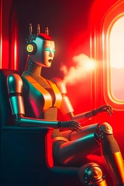 portrait of futuristic spiritual robot holding lotsa phones chatbot smoking a sigar on a throne in a fast bullet train , smoke, 4k, downlight, soft light, depth of field, photorealism, trending on art station