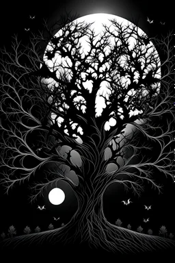 Spooky Halloween tree with bats and full moon, black background, sketch style, only outlines, no extra details.