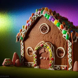 an intricate hobbit-style gingerbread house with rainbow sprinkles, frosting, vibreant crushed candy, 8k resolution, centered, high-quality, ultrafine-detail, digital art, flickering light, detailed matte, volumetric lighting, illustration, 3D octane render, brian froud, howard lyon, ben goossens, George Grie, greg rutowski, alphonse mucha