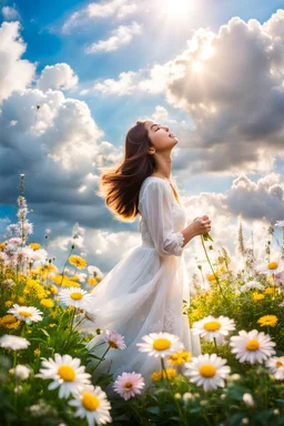 romantic environment heaven flowers clear nice clouds ,young girl gracefully whispering her lovely joy,full body shot.