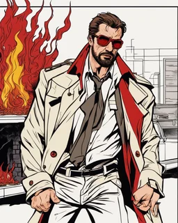 a young man with big muscles who looks like hans gruber wearing a trench coat and red sunglasses staring with an irritated look on his face standing in front of a fire