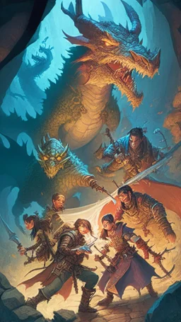 rpg cover with a group of adventurers fighting a dragon
