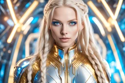 cosmic warrior woman with blue simmetric eyes very long straight hair blond and some braids handsome whitout skin imperfection with light makeup with metallic and golden uniform bright spaceship background