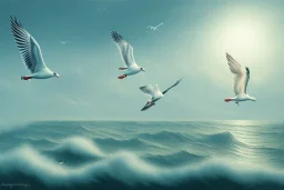 seagulls flying over the sea in the evening, oil painting deviant art wallpaper