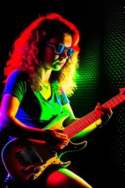 sweat rock babe, new age heavy rock, depth of field, reflective guitar, downlight, lazer show