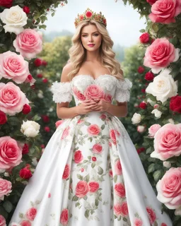 Half body realistic photography beautiful woman dressing roses pattern luxury gown roses crown, in surrounding white roses garden