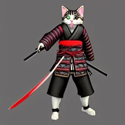 Un chat, anthropomorphique, habillé comme un samurai, portant un katana, très detaillé, réaliste, très détaillé, représentation 3d, très précis.