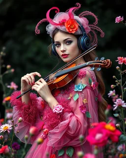 Gorgeous Realistic Photograph Pretty European Supermodel Beautiful, a stunning adorned in vibrant luxury carnival attire, headphones,playing violin standing in park flowers,ethereal beauty, black background, with swirling colors and fantastical tiny flowers, enchantment and grace, twisted vines, whimsical, surreal landscapes, emotive style, dreamlike quality, and magical realism, carnival red, ethereal pink, whimsical blue, vibrant green, celestial purple, golden amber