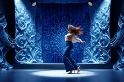 modern stage with gray-blue theme artistic decoration , color full dynamic lighting, a beautiful lady in pants and blouse with shining silver jewels dancing, 3D recursive fractal structure animating background