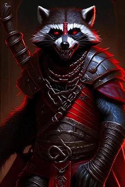 Rpg Character, Runic Warrior, Vampire Racoon with a red chainmail showing his fangs