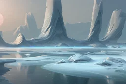 ice, lagoon, seashore, distant futuristic city, epic, sci-fi