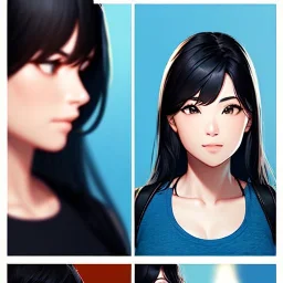 black haired woman, casual clotting, realistic, HD4k, watery cloud background, close up shot,