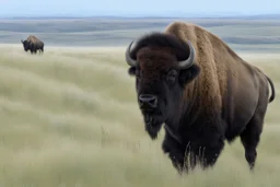 Bison walking uphill towards viewer's left, prairie grasses in foreground, background fades out to completely white