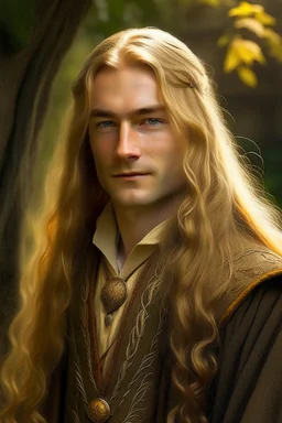 A young serene Lord Of The Rings like man with long golden hair that cascades gracefully. His calm eyes, with blind pupils, reflect a depth of wisdom and inner peace. A gentle smile graces his face, adding warmth to his tranquil demeanor.