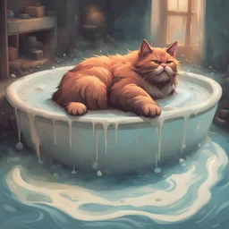 A giant cat taking a bath in liquified troll fat, in orphism art style