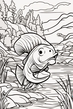 coloring page, fish in a creek, cartoon style, thick lines, low detail, no shading