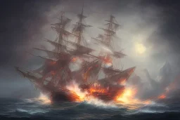 old ship fire lightning