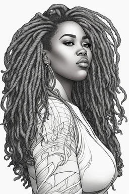 Create a coloring page of a beautiful curvy black female looking to the side with locs in her hair. No shading, No color, clean lines