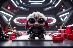 fluffy big eyed baby dragon sith lord in the big hall in second death star with few Tie Fighters ready to lunch and a view to a star wars planet, and christmas tree and sith gifts, cinematic eye view