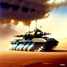 Chris Foss painting of a battle scene with an armored hovercraft with gun turret in the desert with stormy skies and a duststorm -lasers