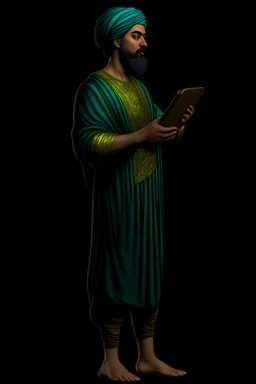 Black background, Modern guy, 20s, holding ipad in left hand, looks like a renaissance painting, walking forward, full body, "persian green", "right hand pointing down". Front facing