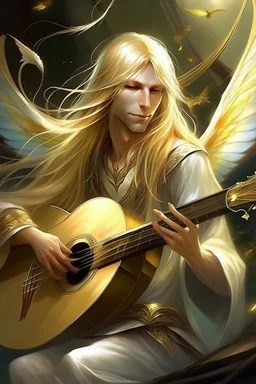 männliche Fee, libellen flügeln, hellblondes, fast weißes, langes Haar, Laute spielend, lange spitze Ohren, goldene, auffällige Augen, kindlich