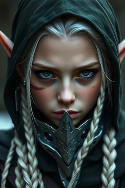 Young adult female elf. white braided hair. dark green eyes with dark eyeshadow. scar on cheek. metal silver mask. dark green hood. looks tired and battered. small earrings.