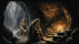 Hyper-photorealistic watercolor art style by Luis Royo, A dark cave lit only by oil lamps, a stone altar, animal skins, a young man and a girl, hyperdetailed face, full body diagonal shot, encounters male bandits in dark fantasy countryside setting, absence of mysterious elements, dramatic lighting, ultrafine detail, octane rendering., darkness world