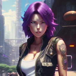 revy black lagoon, purple hair, black tank top, jean shorts, tribal sleeve left arm, portrait shinkai makoto, studio ghibli, studio key, madhouse anime studio, artgerm, lau rossdraws james jean marc simonetti pixiv