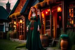 Full body shot of a tall slim pretty, red-headed young female witch, casting magical glowing symbols into the air, dressed in a long flowing green dress, standing in front of a row of cottages and shops with thatched roofs