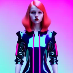 redhead woman teenager, padded coat, retro futuristic, latex dress, gradient color, BLUE, PINK, CYAN, neon, insanely detailed, 16k resolution, perfect eyes, cinematic smooth, intricate detail