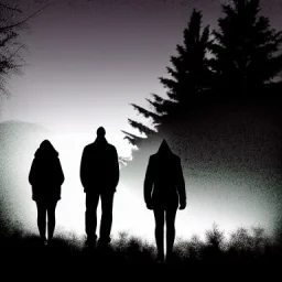 three figures, silhouettes, dark, foggy weather, night, forest, black, horror, art, evil, dark effect, trees, more trees,