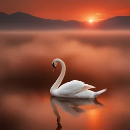 Against the backdrop of a fiery sunset, a graceful swan gracefully carries a delicate misty cloud that gently showers a weary child lying in the desert, creating a stunning contrast of elements.