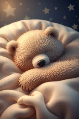 sleeping bear, sweet dreams, calm, realistic, as in image on a sleeping blanket