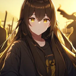 Clear focus, High resolution,a anime teenager, roughline skecth, cute, silhouette style, brown long hair, yellow eyes, 1 yellow streak in hair