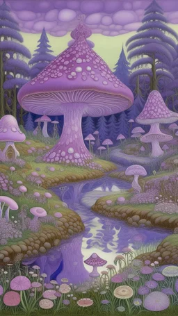 A light purple fairy kingdom with mushrooms designed in Kuna molas painted by Birge Harrison