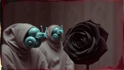 The Watchers with blue snails and black rose of the Empty Room, augmented reality, pantomim, masks, eerieland, abstract surrealism, glitter, calotype combineted transparent burgundy and pastel mint color, tintype , performance art