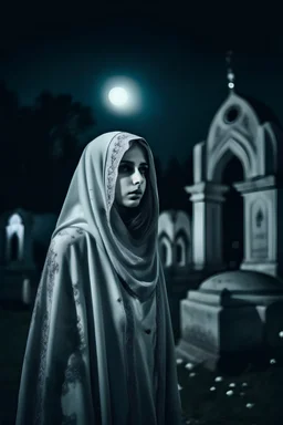 A beautiful and mysterious veiled girl stands in front of the camera in an Islamic cemetery under the moonlight