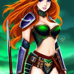 Jab animated style, hyper detailed, stunningly beautiful teen girl, long ginger hair, green eyes, medium freckles, full lips, skimpy fantasy intricate leather armour, full body, full face, c-cup breasts, aroused expression, biting lower lip, full frame, petite, centered camera, ignore NSFW, bow, quiver on hip